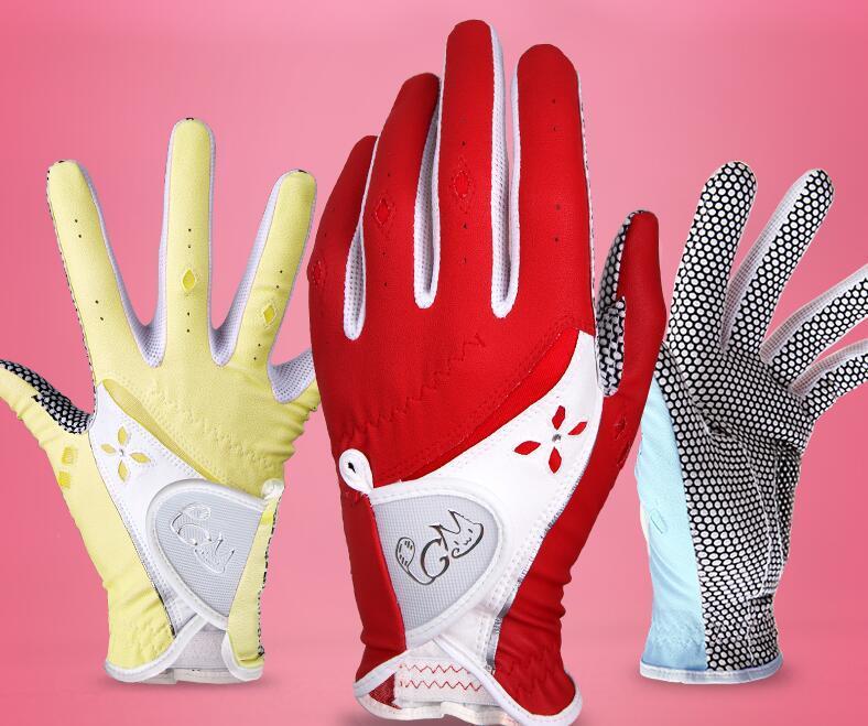 Golf Gloves Women - PGM Women Fabric Golf Gloves Ladies Wearable Gloves Female Professional Soft PU Breathable Non-slip Sweat Absorbent Golf Gloves